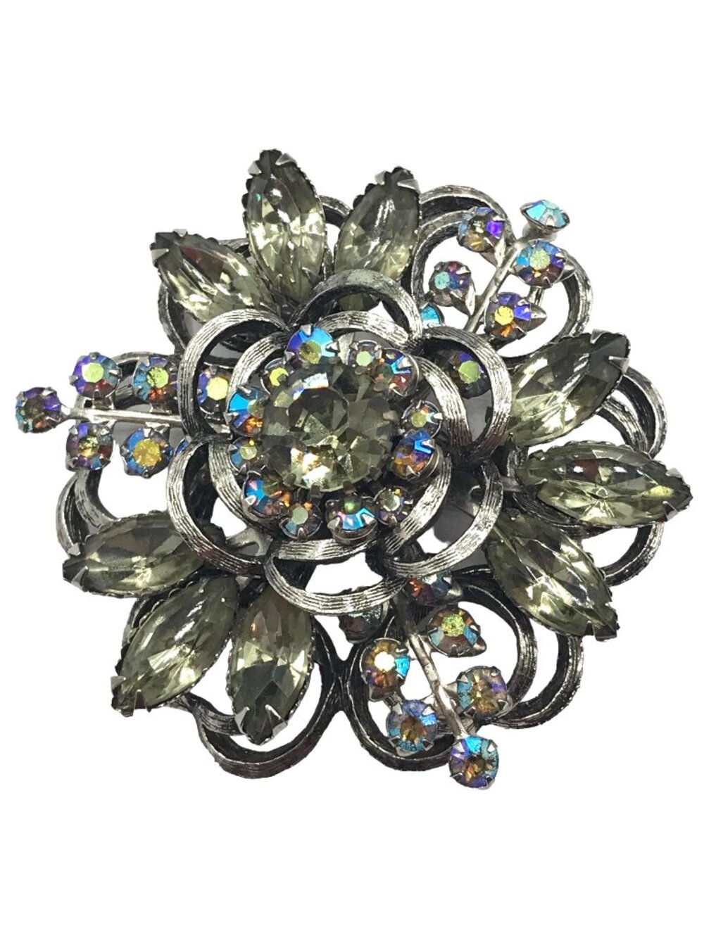 Selini Silver Tone AB, Gray Rhinestone Cluster Floral Brooch, Signed M99